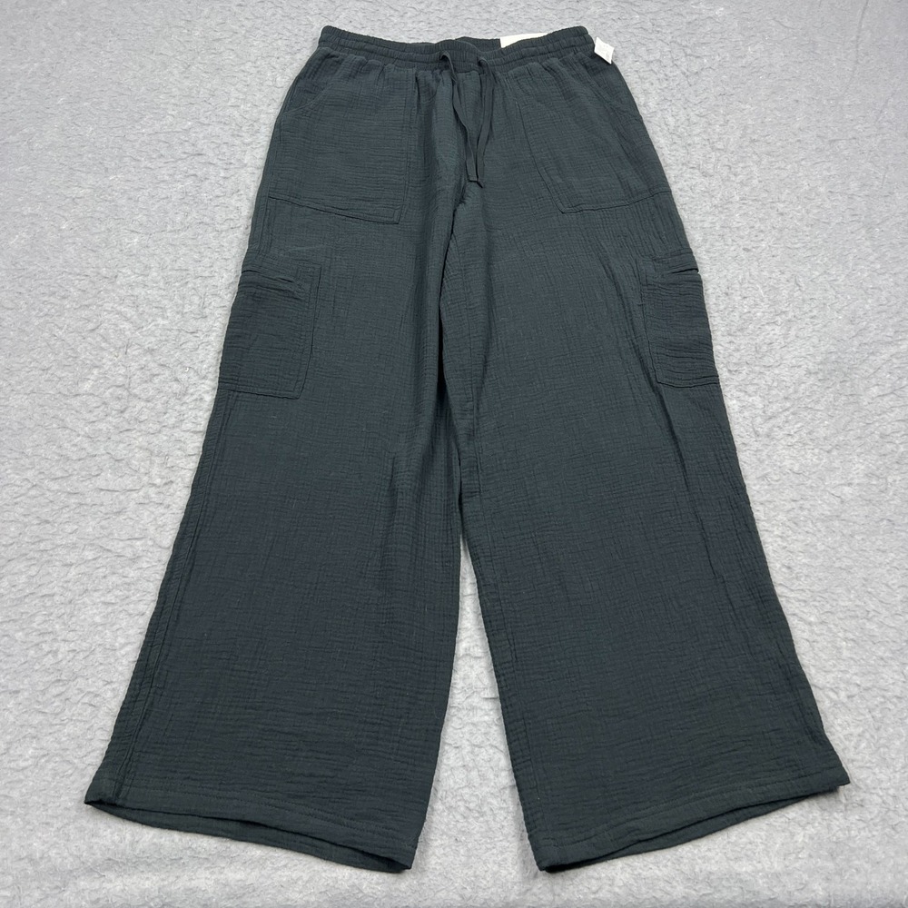 NEW Maurices Wide Leg Cargo Pants Women's 10 Black Pull On Stretch Cotton Gauze